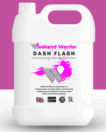 Weekend Warrior Dash Flash is a multipurpose, one step cleaner and dressing, simply spray and wipe for a factory fresh finish on all interior plastics. It can be used for cleaning door cards, removing boot scuffs, dash boards and centre consoles leaving a pleasant aroma and perfect finish every time.