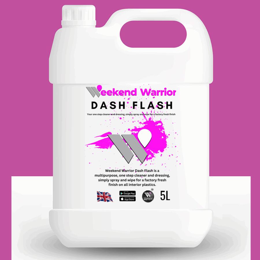 Weekend Warrior Dash Flash is a multipurpose, one step cleaner and dressing, simply spray and wipe for a factory fresh finish on all interior plastics. It can be used for cleaning door cards, removing boot scuffs, dash boards and centre consoles leaving a pleasant aroma and perfect finish every time.