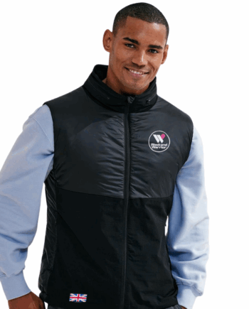 Official We are Weekend Warrior insulated hybrid gilet in black featuring the Official We are weekend Warrior Logo